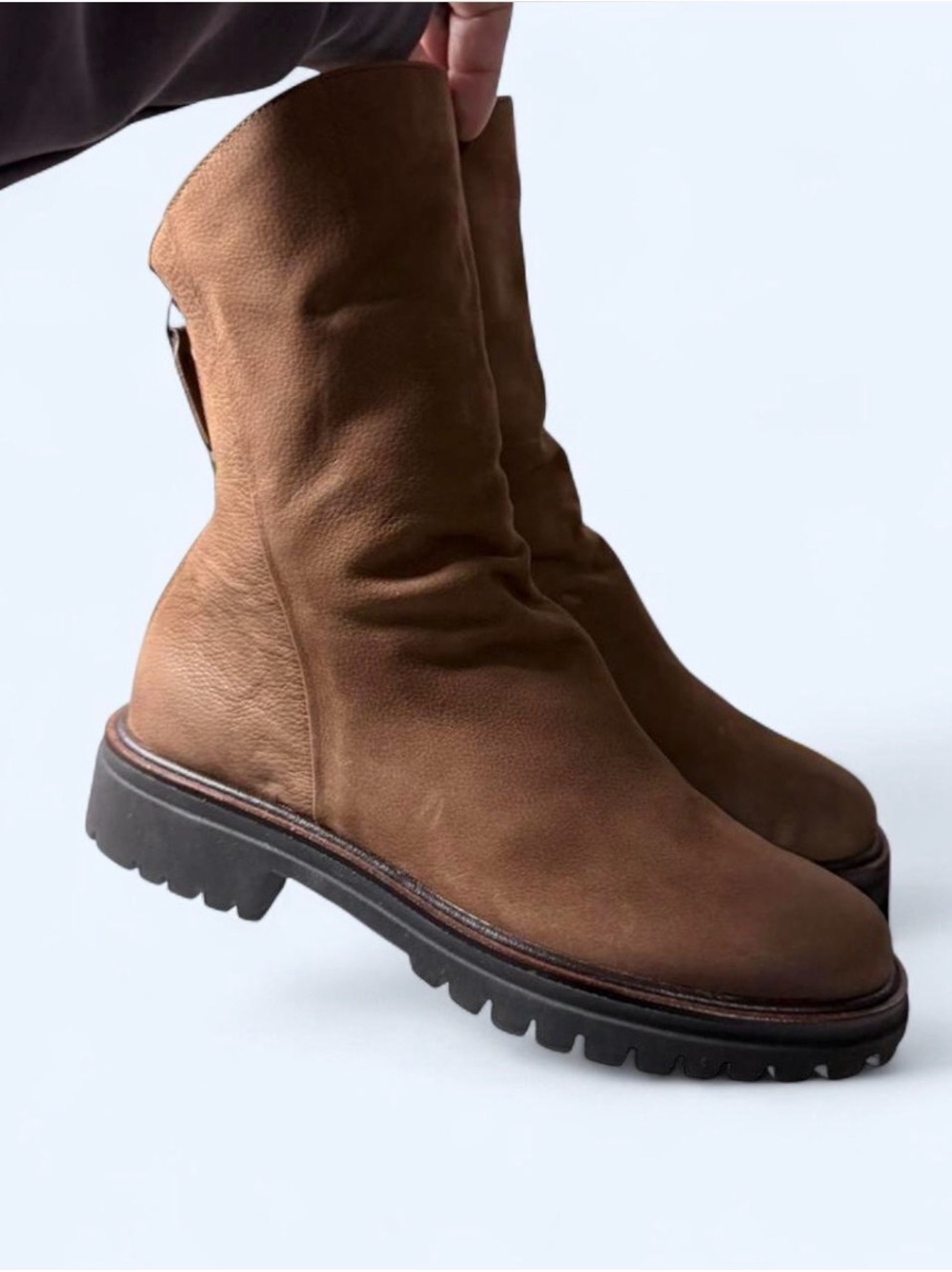 Paul Green Nobu Slouchy Zip-Up Boots Brown Nubuck Lug Sole Size 5
